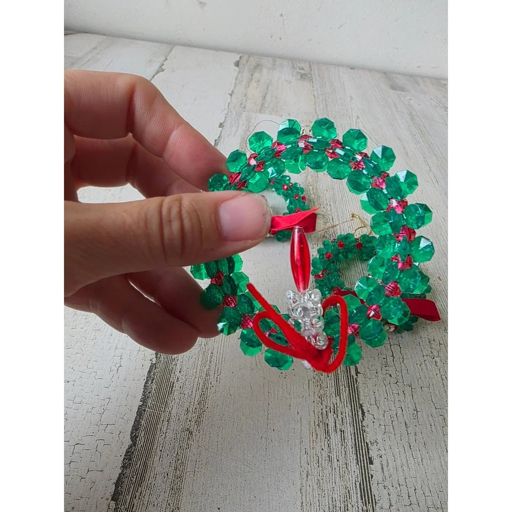 Vintage beaded with candle ornament green red Xmas tree